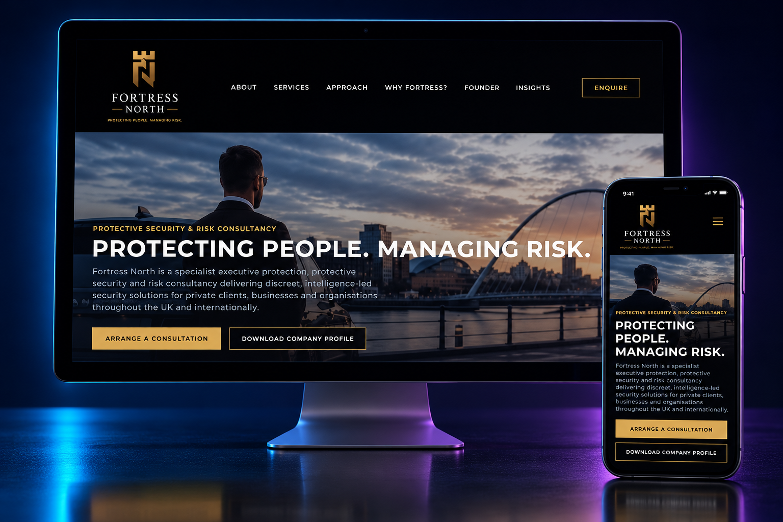 Fortress North website mockup on desktop and smartphone screens