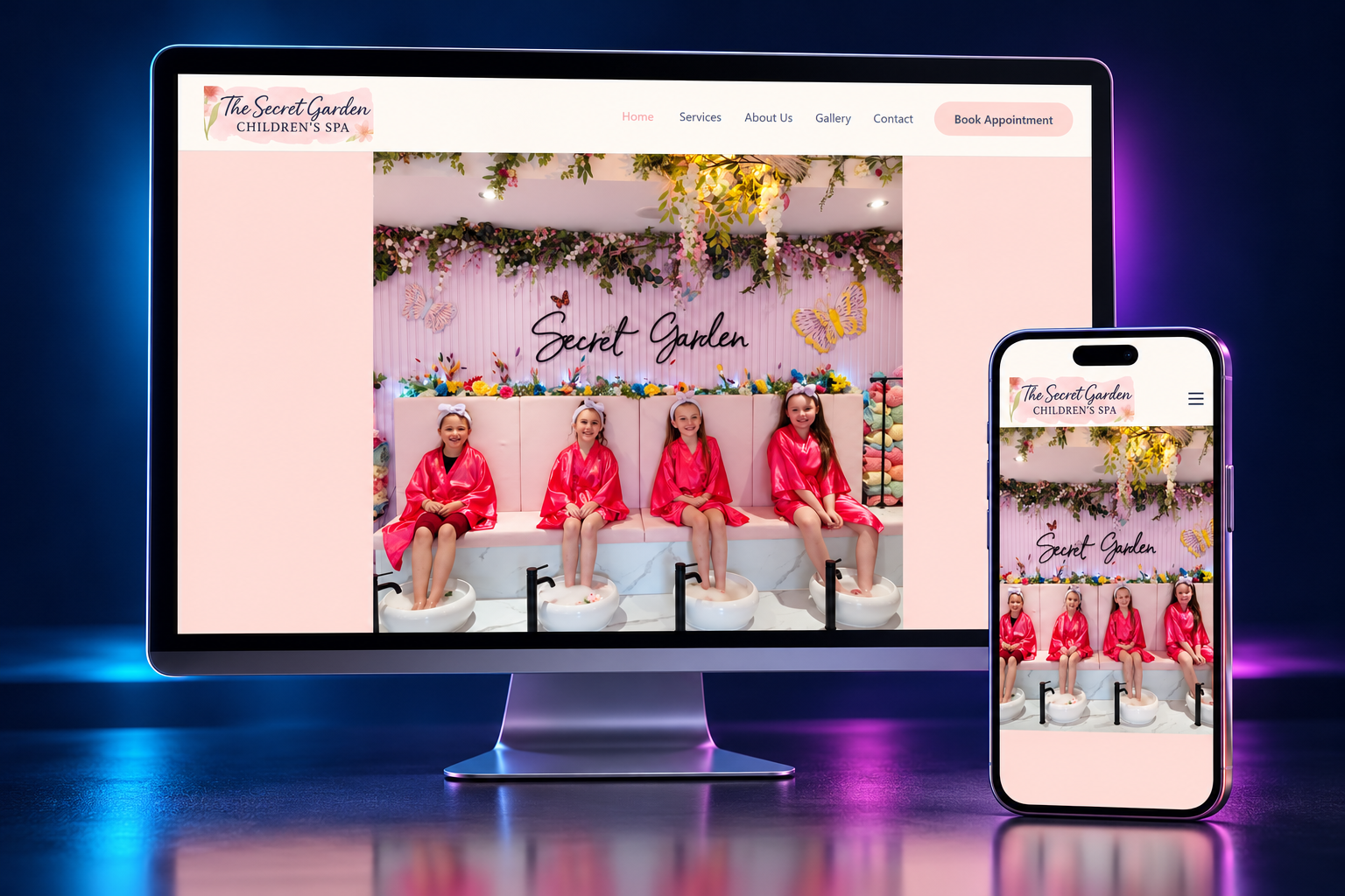 The Secret Garden Children’s Spa website mockup on desktop and smartphone screens