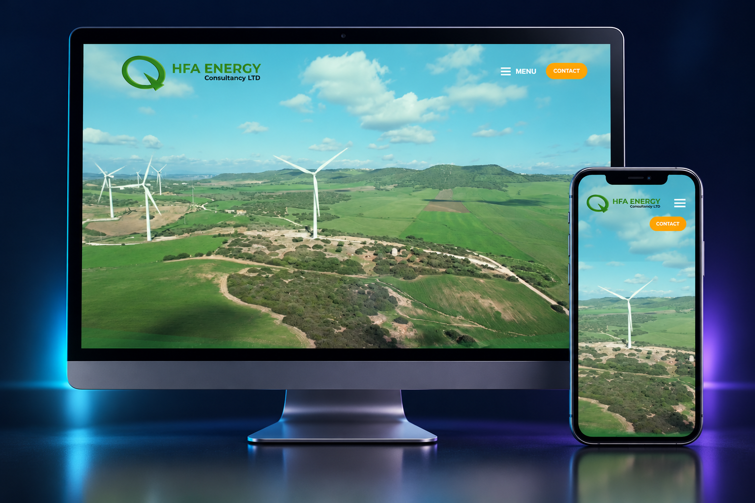 HFA Energy website mockup on desktop and smartphone screens